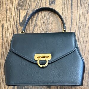 Vintage Ferragamo Black Leather Top-Handle Handbag with Snakeskin Texture
